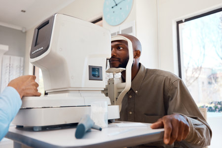 Young African man getting an eye exam by an optometrist with technical optic equipment. Male getting...