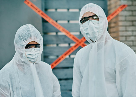Covid, coronavirus and outbreak healthcare workers inspecting contamination on site with red tape,...