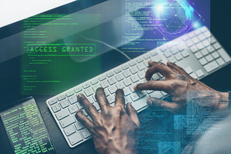 Fraudsters are out there. High angle shot of an unrecognisable hacker using a computer in the dark.の写真素材