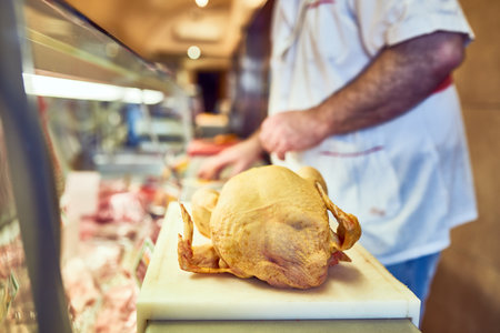I have all types of meat, come and see. a butcher at his store.の写真素材
