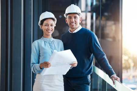 Architect, engineering blueprint and industrial designer working on building design, sketch plan and...