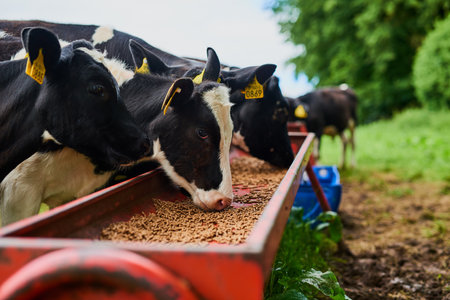 These cows eat only the best. a herd of cows feeding on a dairy farm.の写真素材