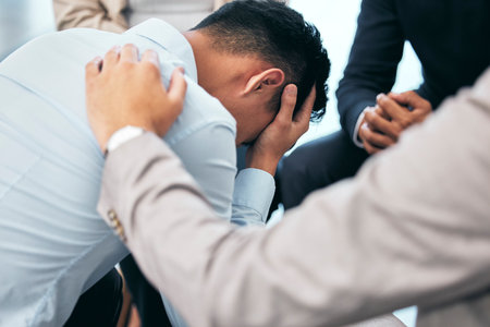 Support and empathy for suffering from mental health, .anxiety and depression businessman in group therapy. Love, care and trust from friends or coworkers for sad man in stress and pain from bad newsの写真素材