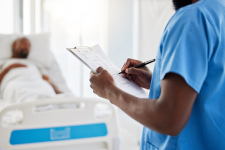 Healthcare, insurance and hospital plan by medical intern writing and filling out form. Health care...