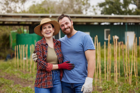 Farmer couple, fresh produce and portrait with garden for healthy lifestyle. Happy people in a relationship who love nature and gardening. Sustainability and eco friendly man and woman in backyard.の写真素材