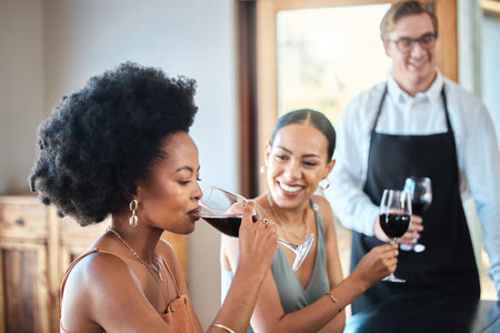 Beautiful women friends taste a red wine glass together for brunch party in a luxury restaurant. Happy woman with an afro drinking with her friend at a distillery restaurant for alcohol with a smileの写真素材