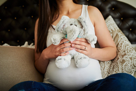 Playtime starts before her due date. an unidentifiable pregnant woman holding a stuffed toy while...