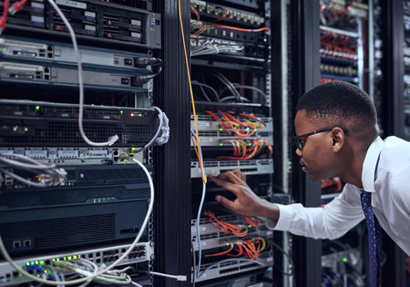 No room for error. a IT technician working and checking if all the servers are up and running.