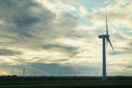 Creating energy without harming the planet. a cluster of wind turbines standing in an open field.