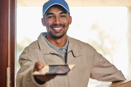No pen required. Cropped portrait of a handsome young man delivering your package.の写真素材