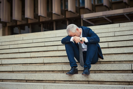 Not his best day. a dejected businessman sitting on the stairs outside his office with his head in his hands.の写真素材
