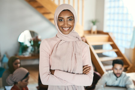 Muslim, arab and islamic woman in hijab headscarf enjoying eid, ramadan or holiday with family while...