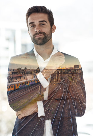 I was born for this business thing. Cropped portrait of a handsome young businessman superimposed on a cityscape.の写真素材