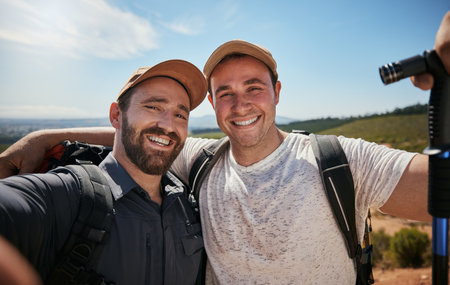 Friends, brothers or hikers taking a selfie while hiking outdoors in nature sharing the experience on social media. Active, fit and athletic men take a picture or a photo while trekkingの写真素材
