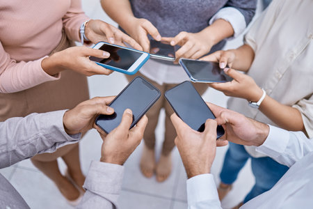 Global, networking and advertising 5g technology by group sharing phone contact, online communication. Digital team collaboration on internet marketing, planning and brainstorming community teamworkの写真素材