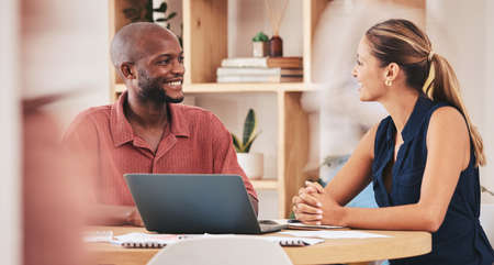 Happy business people collaboration on laptop, planning and discuss strategy for online project....