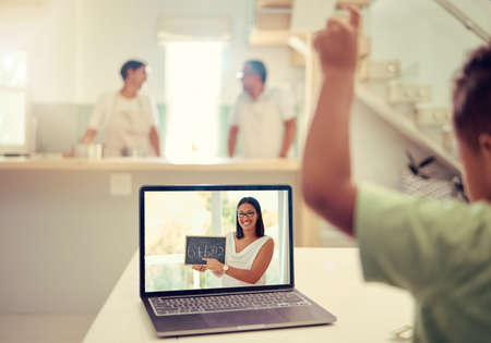 Math education, e learning and teacher on a video call with a school child in covid pandemic...