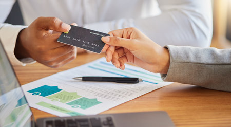 Investment manager with credit card and document for finance with client investing and trading on...