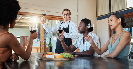 Wine tasting, friends and wine at a restaurant or vineyard learning of grape growth and production....