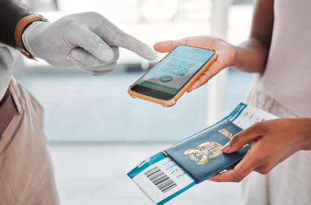 Covid travel passport, digital qr code certificate on phone for vaccine health and airport security...