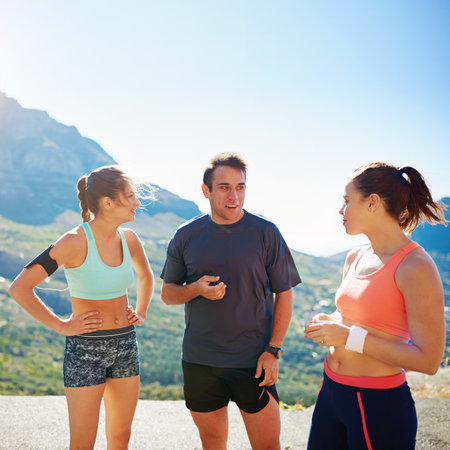 Ready for a great run. a fitness group out for a run together.の写真素材