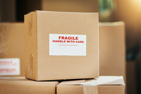 Fragile contents inside. Still life shot of cardboard boxes marked as fragile and ready for...