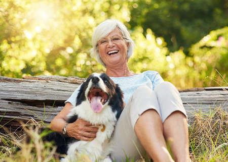 Some angels have fur instead of wings. Portrait of a happy senior woman relaxing in a park with her dog.の写真素材