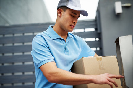 Doing his delivery rounds. a courier ringing an intercom while making a delivery.