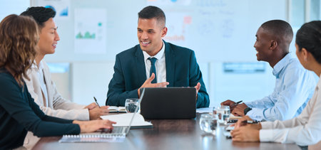 Diversity business meeting, manager with laptop and collaboration teamwork in an office or corporate...