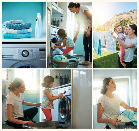 Learning all about laundry day. Composite image of a young woman and her daughter doing various laundry related tasks.の写真素材