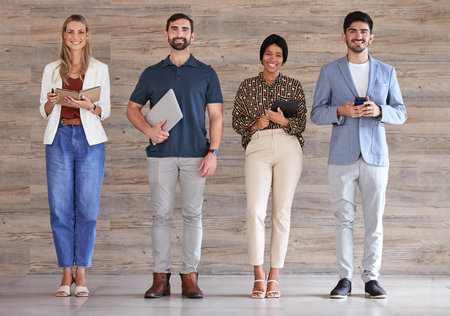 Digital marketing team or business people happy for company growth and standing in an office...
