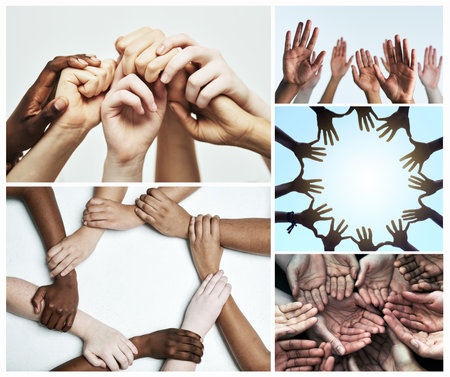 Get hands on. Composite image of groups of hands in various gestures.の写真素材