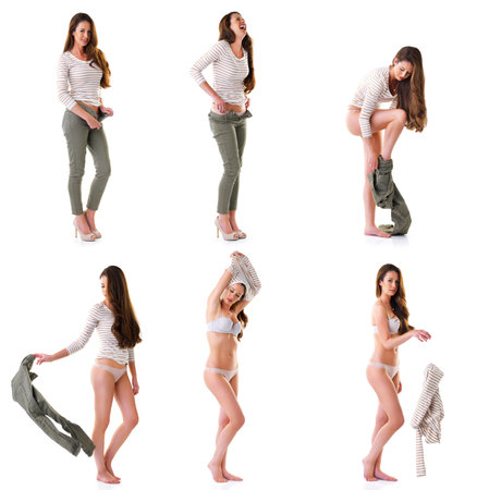 Slipping into something more comfortable. Composite studio shot of an attractive young woman undressing isolated on white background.の写真素材