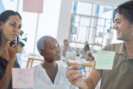 Planning, post it notes and diversity marketing business people working in partnership,...