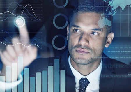 Digital infographics, web graphs and futuristic interface screen for charts, data and stats of...