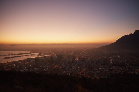Sunrise over the city. Aerial view of a beautiful city at dawn.の写真素材