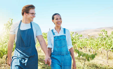 Farm, success, and love for wine, farmer couple in vineyard. Sustainability, development and...