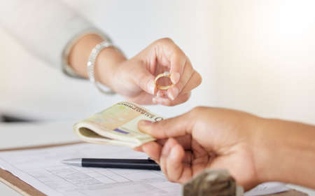 .Cash exchange, gold ring and diamond evaluation sale for woman with financial study debt. Jewellery...