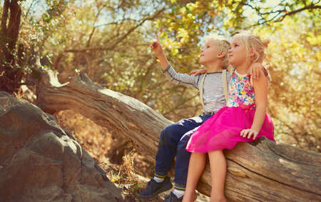 Exploring a world full of curiosities. Shot of two little children playing together outdoors.の写真素材