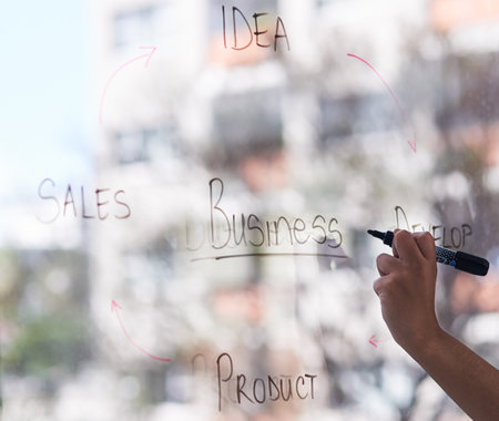 Their business visions are clear. a person writing business notes on a window.