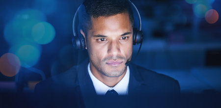 Stock market, bitcoin and financial trading call center employee thinking while reading the global...