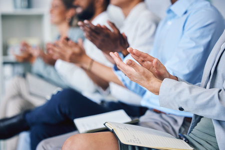 Work presentation, conference or trade show with business worker audience hands clapping. Trade show...