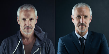 Perception is reality. Cropped composite portrait of a businessman in a suit and training gear.