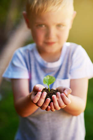 Childhood as pure as nature. Portrait of a little boy holding a plant growing out of soil.の写真素材