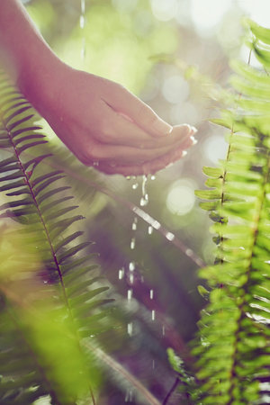 Mother Natures elixir of life. a woman washing her hands outdoors.