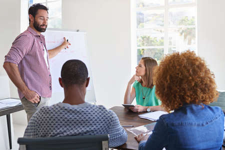 If youd all direct your attention for a moment...a young businessman giving a presentation to his...