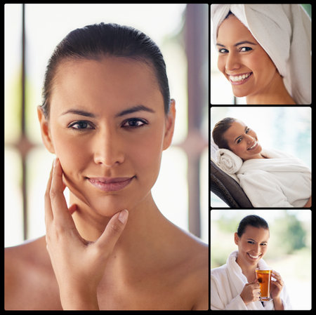 Treat yourself to a day of beauty and relaxation. Composite image of an attractive young woman in a beauty spa.の写真素材