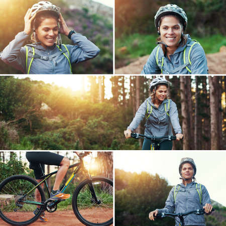 Biking through the mountain. Composite image of a young woman mountain biking.