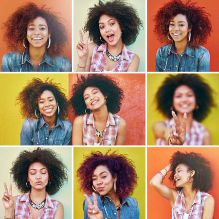 Shes got a winning personality. Composite image of a young woman posing in the studio.の写真素材