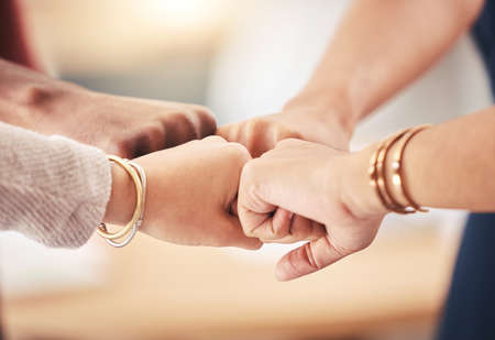 Teamwork, hand and fist group of business people celebration, collaboration and support at work....